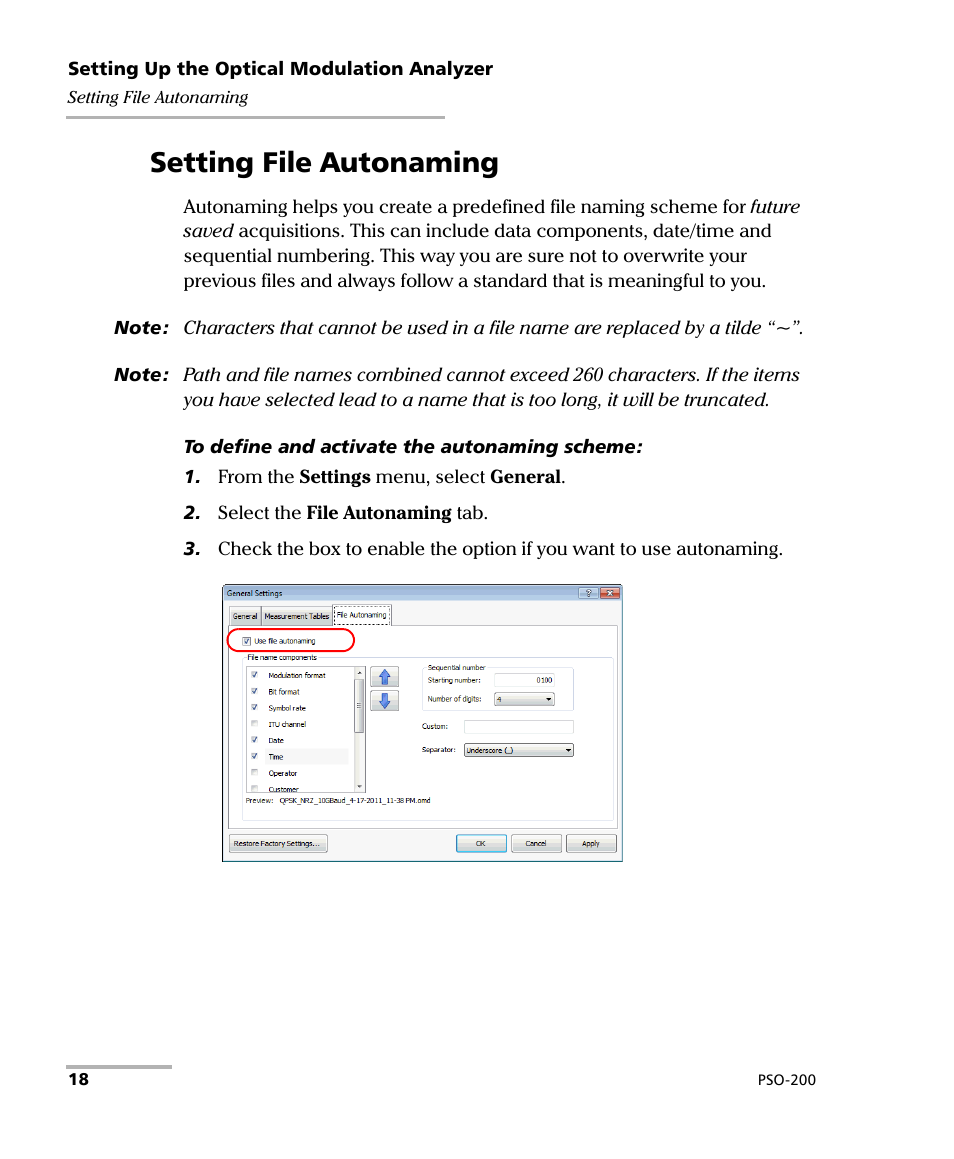 Setting file autonaming | EXFO PSO-200 Optical Modulation Analyzer User Manual | Page 26 / 285