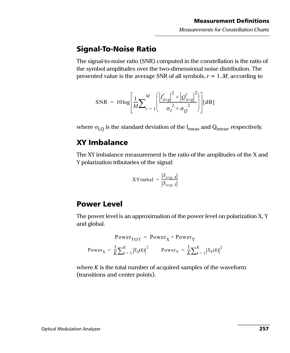 Signal-to-noise ratio, Xy imbalance, Power level | EXFO PSO-200 Optical Modulation Analyzer User Manual | Page 265 / 285