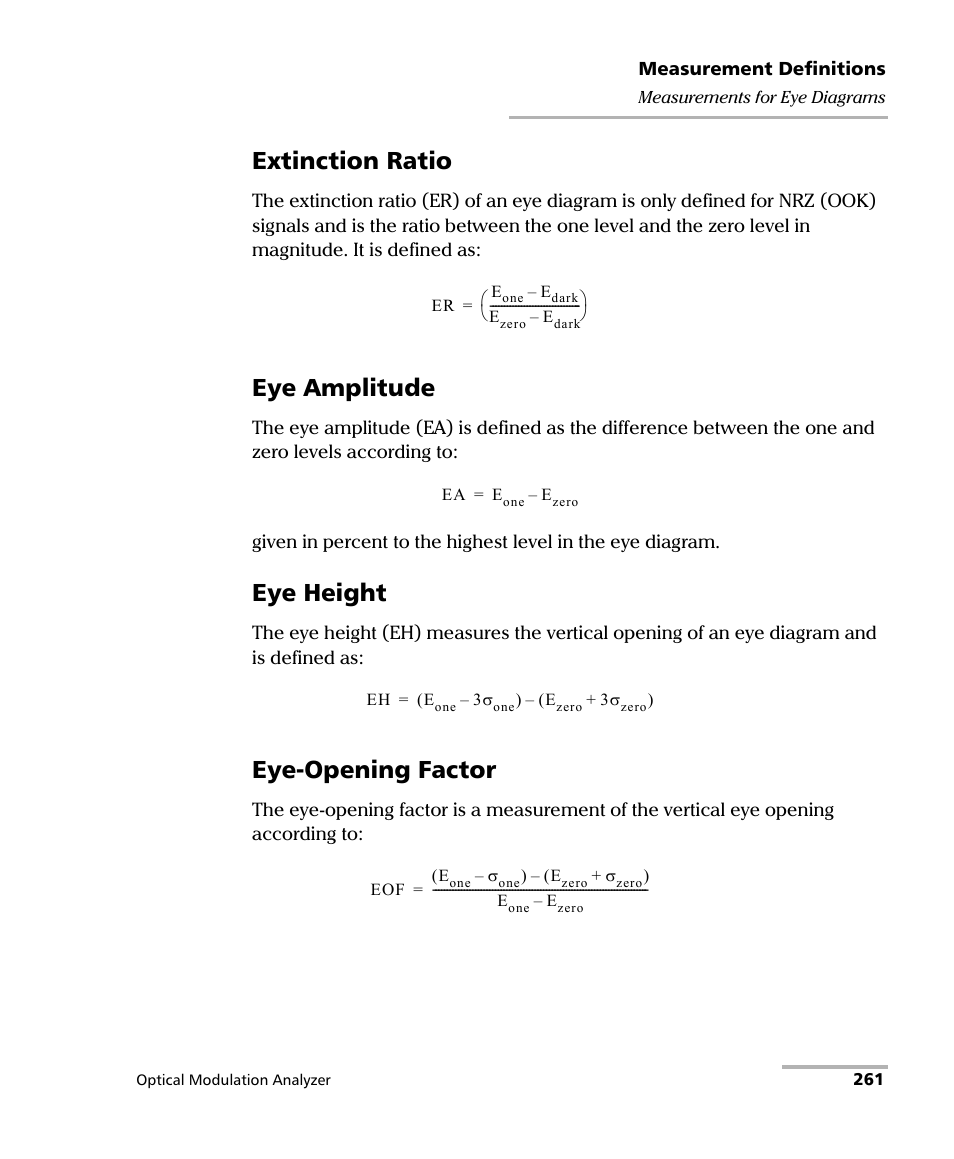 Extinction ratio, Eye amplitude, Eye height | Eye-opening factor | EXFO PSO-200 Optical Modulation Analyzer User Manual | Page 269 / 285