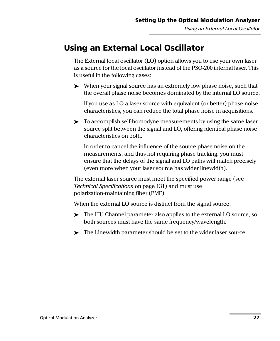 Using an external local oscillator | EXFO PSO-200 Optical Modulation Analyzer User Manual | Page 35 / 285
