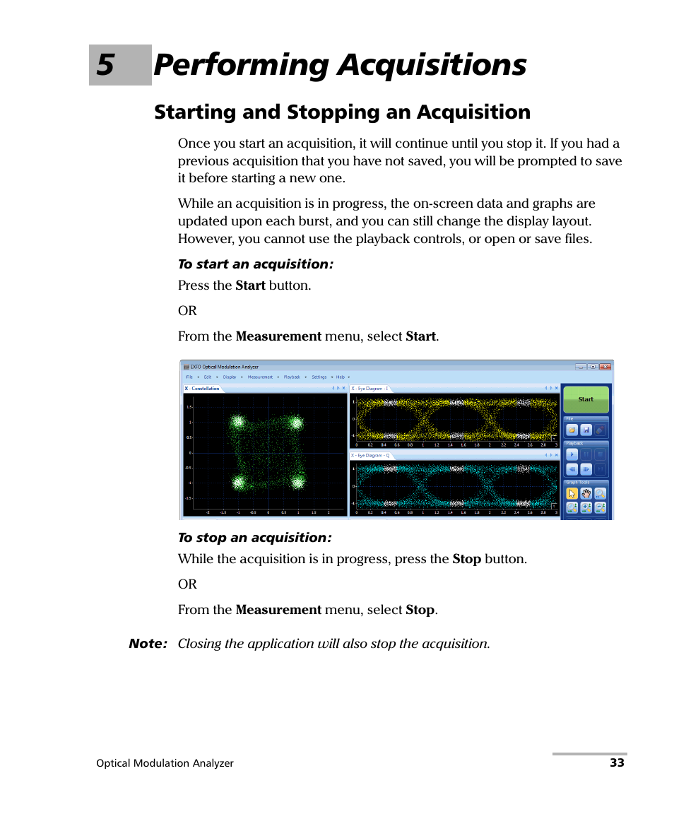5 performing acquisitions, Starting and stopping an acquisition, 5performing acquisitions | EXFO PSO-200 Optical Modulation Analyzer User Manual | Page 41 / 285