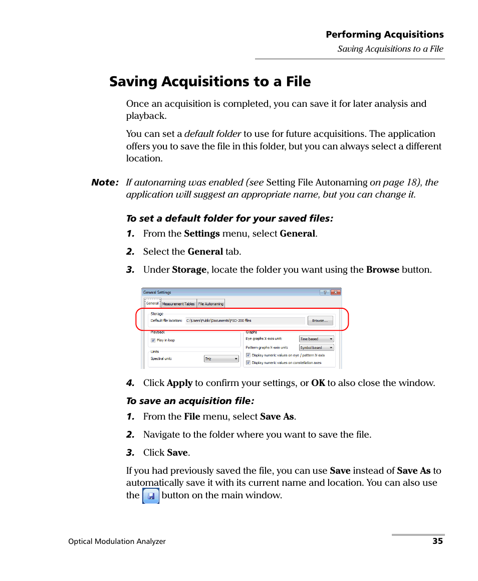 Saving acquisitions to a file | EXFO PSO-200 Optical Modulation Analyzer User Manual | Page 43 / 285