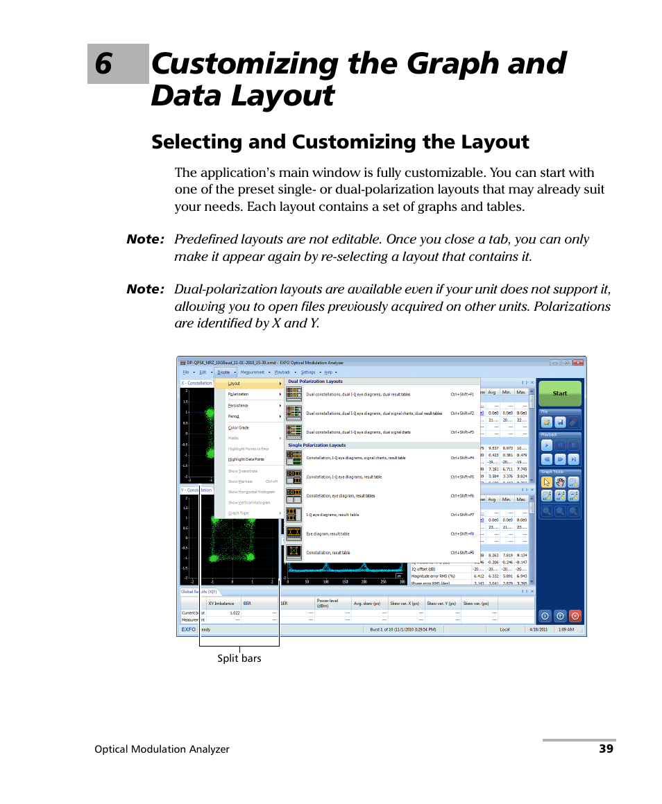 6 customizing the graph and data layout, Selecting and customizing the layout, 6customizing the graph and data layout | EXFO PSO-200 Optical Modulation Analyzer User Manual | Page 47 / 285