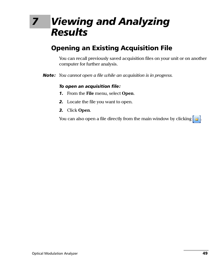 7 viewing and analyzing results, Opening an existing acquisition file, 7viewing and analyzing results | EXFO PSO-200 Optical Modulation Analyzer User Manual | Page 57 / 285