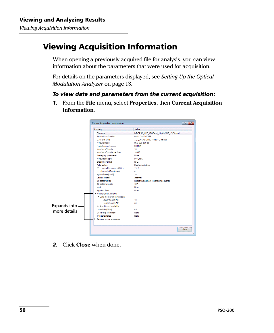 Viewing acquisition information | EXFO PSO-200 Optical Modulation Analyzer User Manual | Page 58 / 285