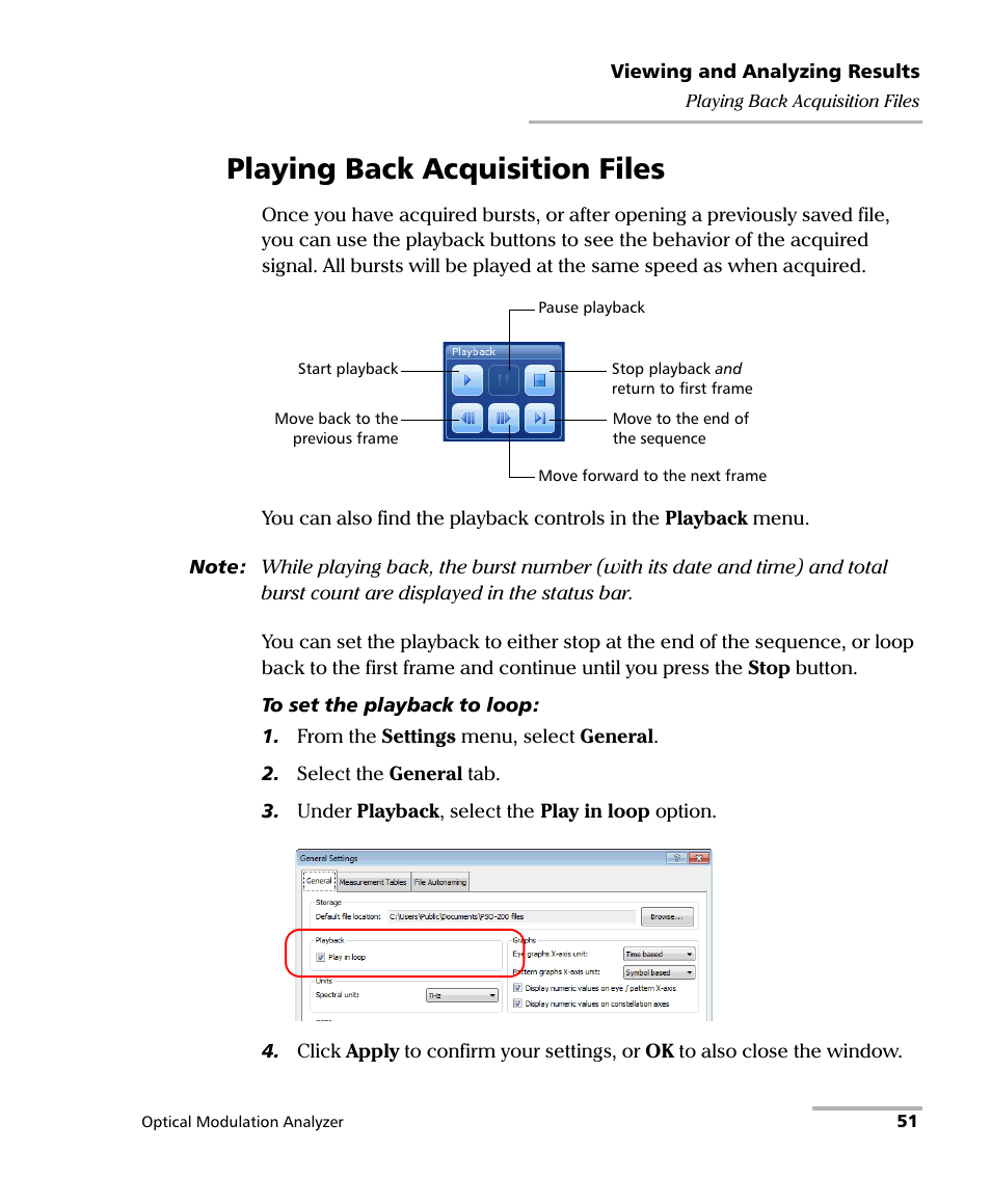 Playing back acquisition files | EXFO PSO-200 Optical Modulation Analyzer User Manual | Page 59 / 285