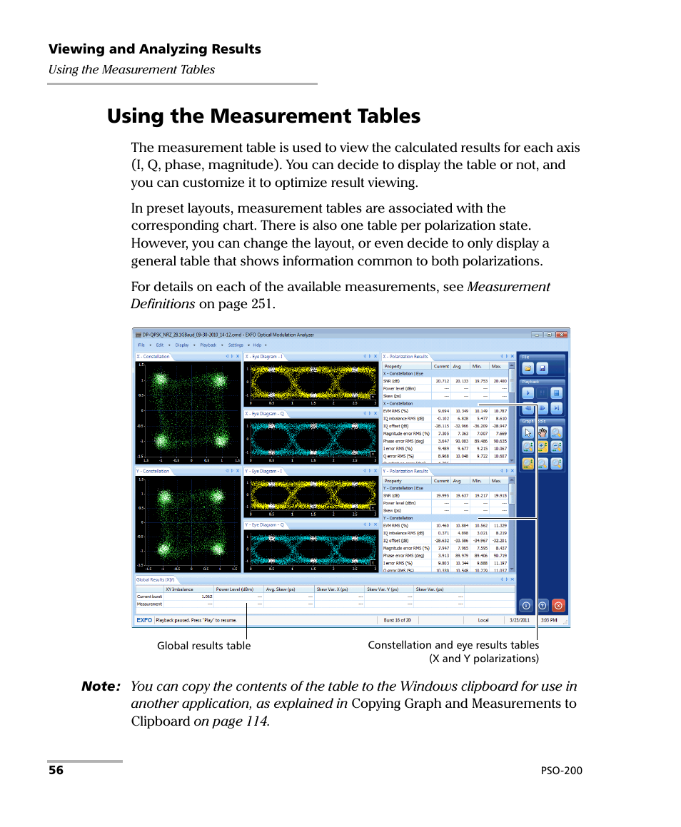Using the measurement tables | EXFO PSO-200 Optical Modulation Analyzer User Manual | Page 64 / 285