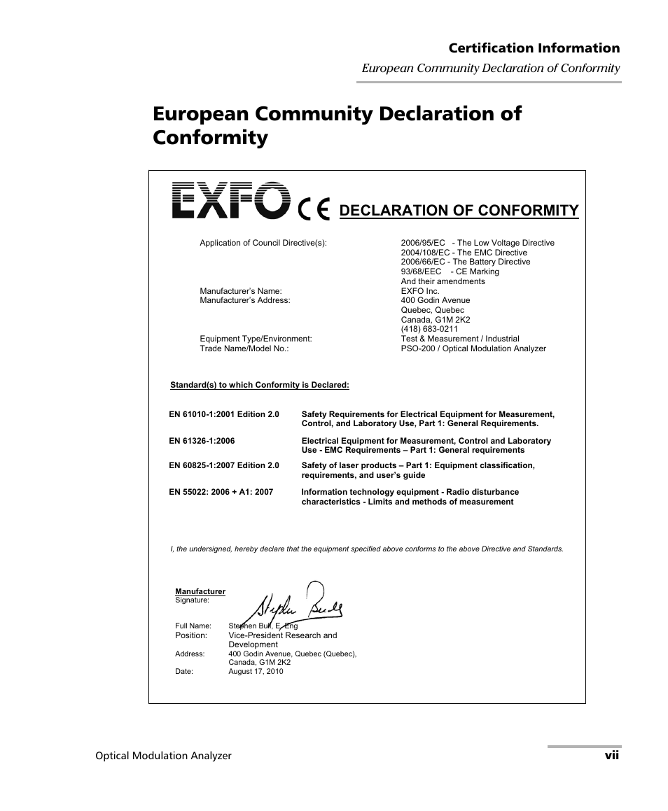 European community declaration of conformity, Declaration of conformity, Certification information | Vii european community declaration of conformity | EXFO PSO-200 Optical Modulation Analyzer User Manual | Page 7 / 285