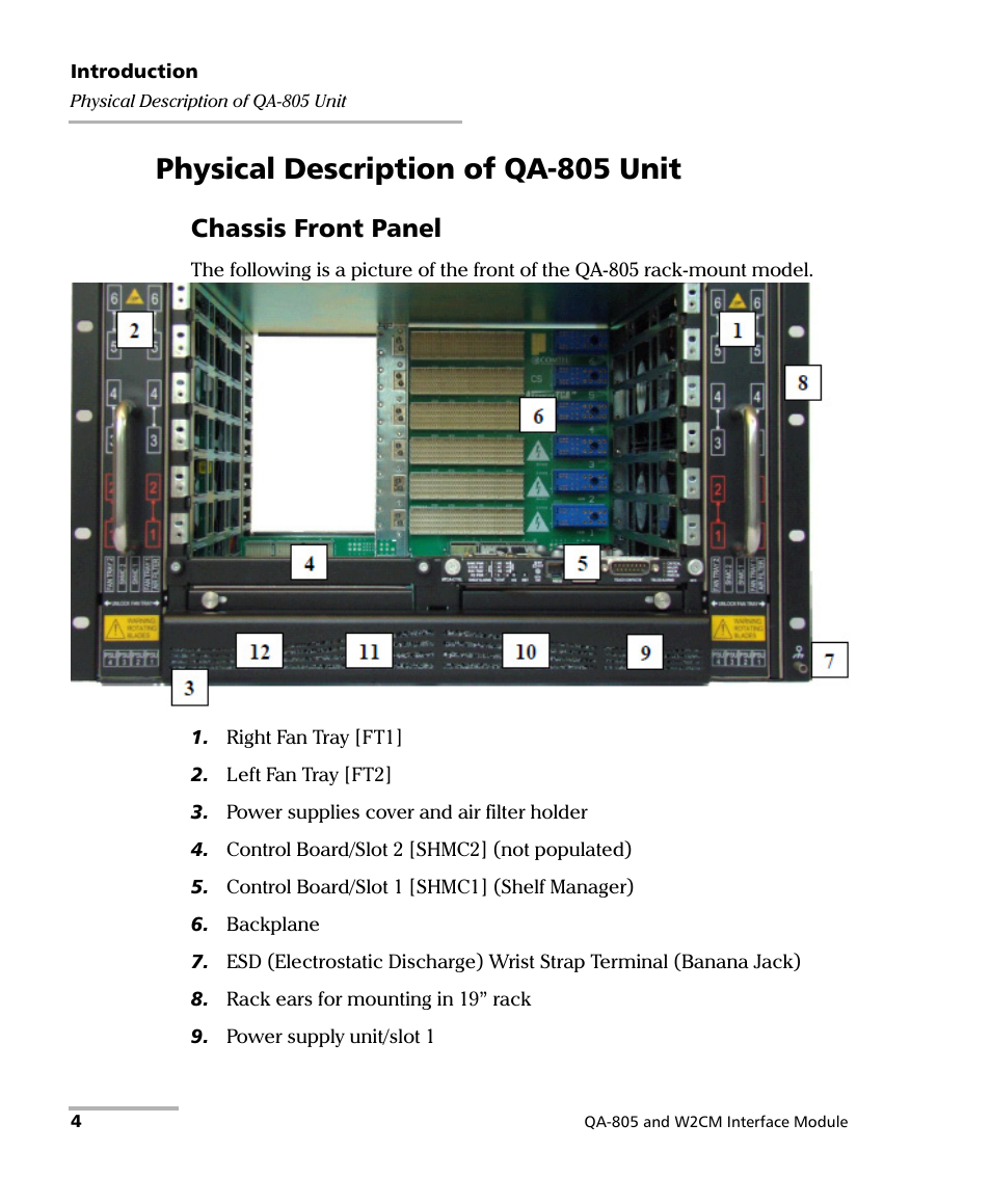 Physical description of qa-805 unit, Chassis front panel | EXFO QA-805 User Manual | Page 12 / 59