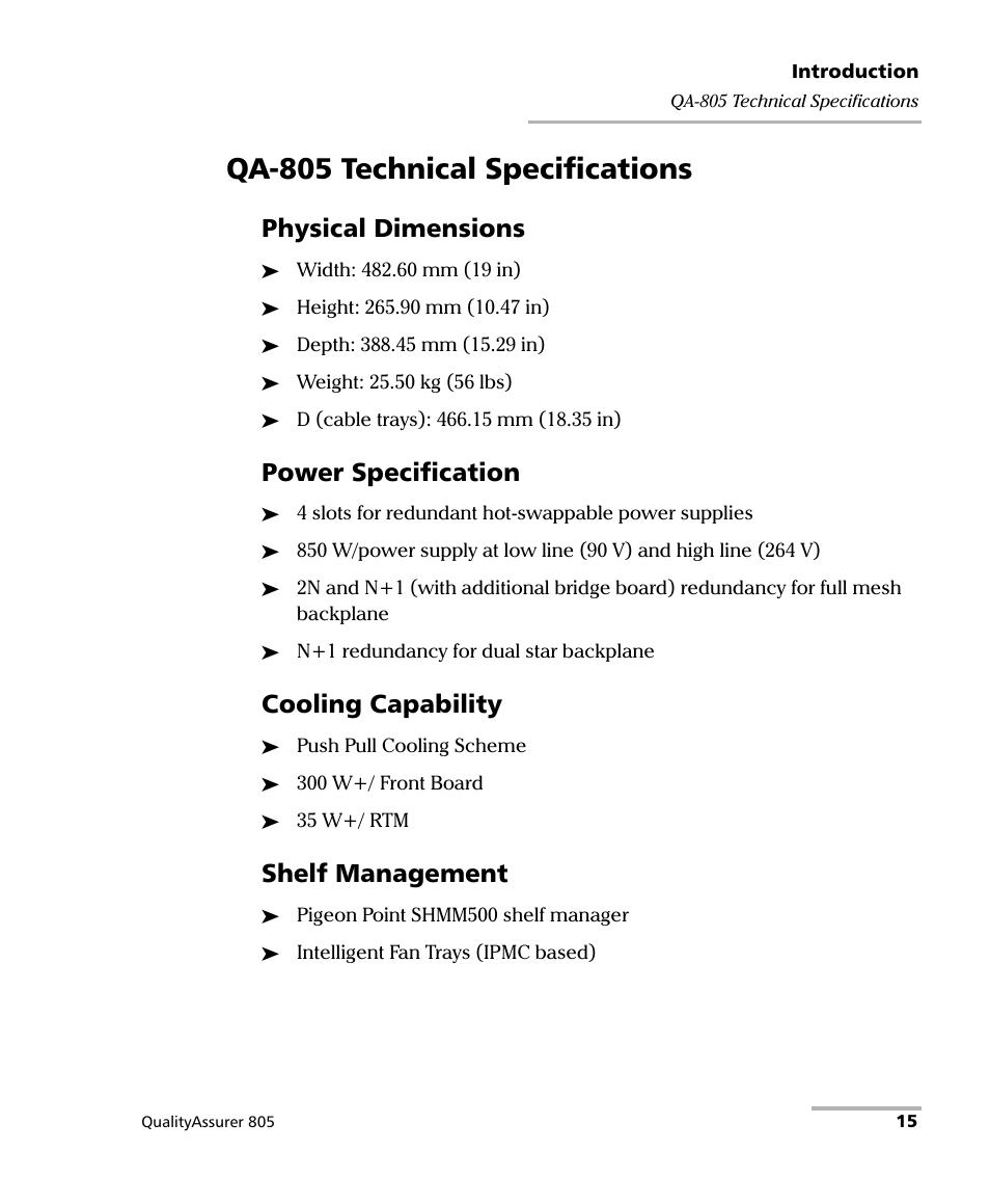 Qa-805 technical specifications, Physical dimensions, Power specification | Cooling capability, Shelf management | EXFO QA-805 User Manual | Page 23 / 59