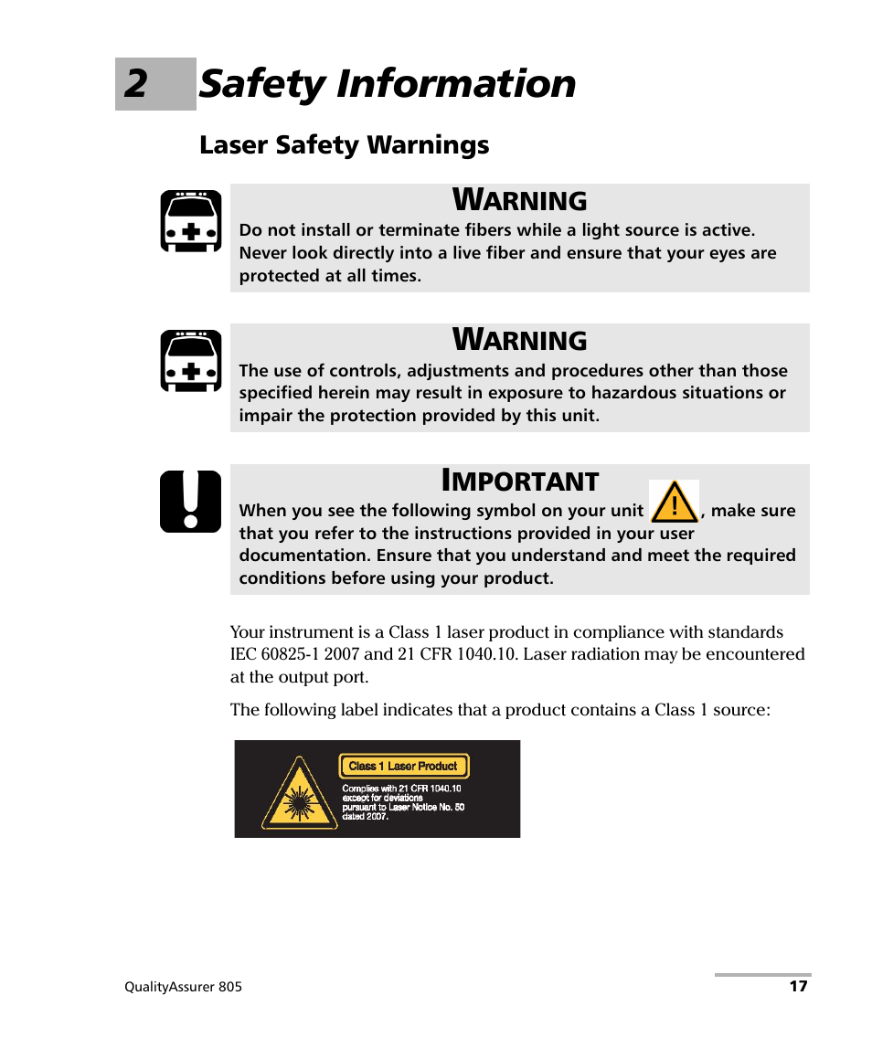 2 safety information, Laser safety warnings, 2safety information | EXFO QA-805 User Manual | Page 25 / 59
