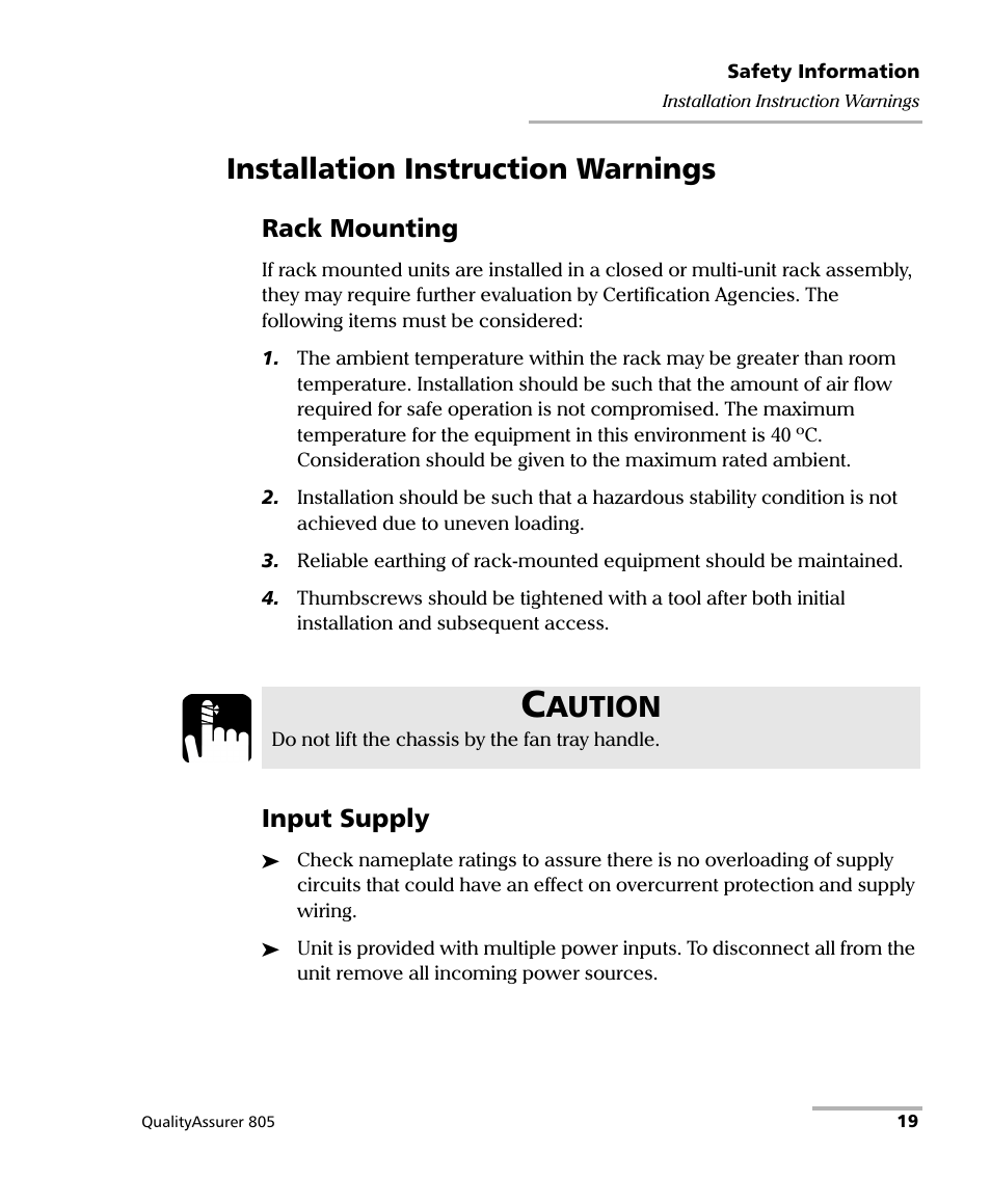 Installation instruction warnings, Rack mounting, Input supply | Aution | EXFO QA-805 User Manual | Page 27 / 59