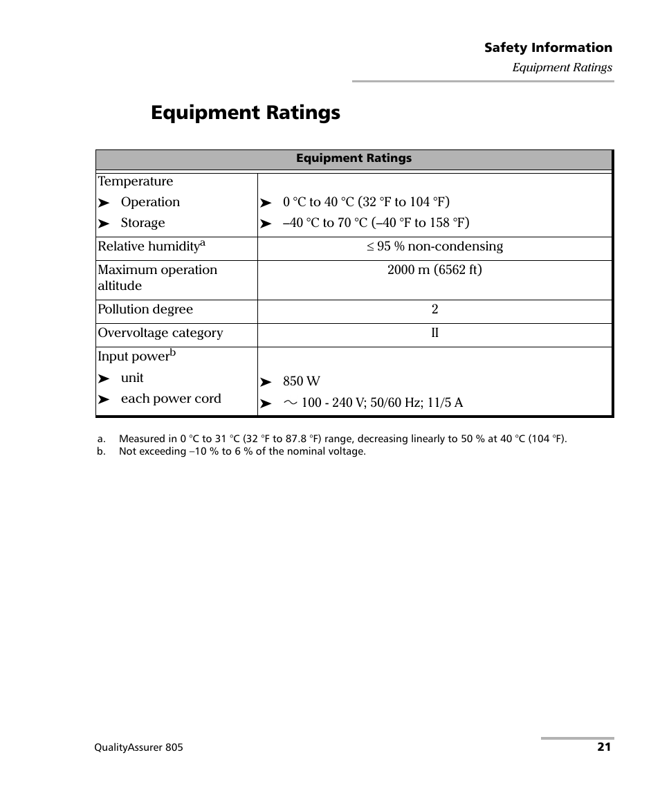 Equipment ratings | EXFO QA-805 User Manual | Page 29 / 59