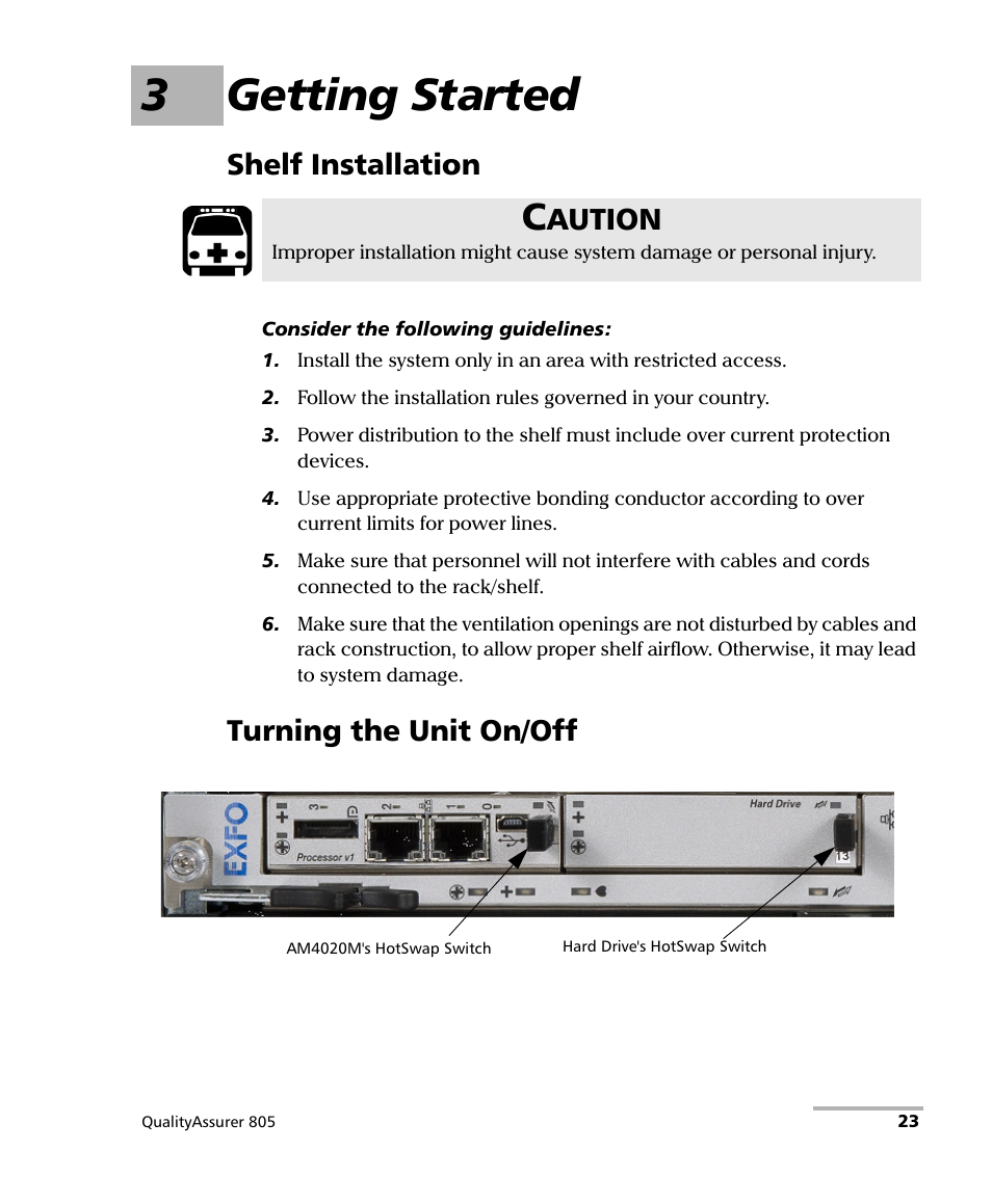 3 getting started, Shelf installation, Turning the unit on/off | Shelf installation turning the unit on/off, 3getting started, Aution | EXFO QA-805 User Manual | Page 31 / 59