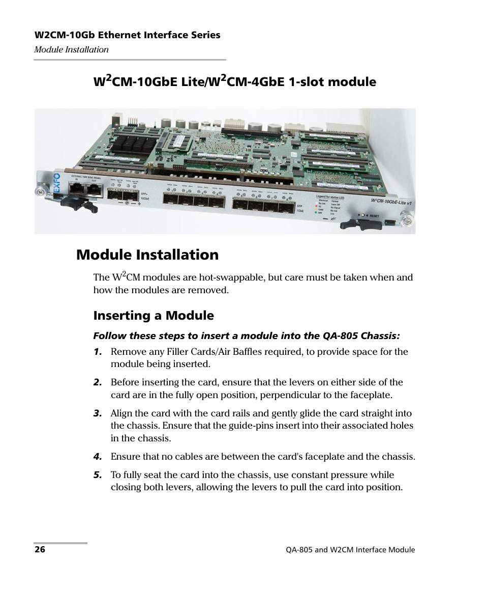 W2cm-10gbe lite/w2cm-4gbe 1-slot module, Module installation, Inserting a module | Cm-10gbe lite/w, Cm-4gbe 1-slot module | EXFO QA-805 User Manual | Page 34 / 59