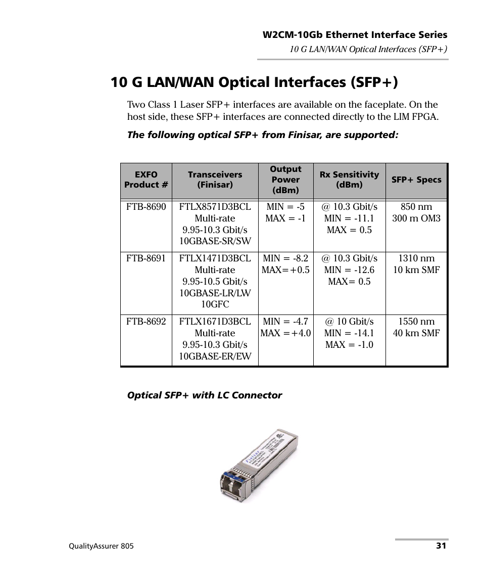 10 g lan/wan optical interfaces (sfp+) | EXFO QA-805 User Manual | Page 39 / 59