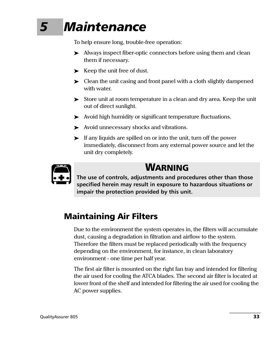 5 maintenance, Maintaining air filters, 5maintenance | Arning | EXFO QA-805 User Manual | Page 41 / 59