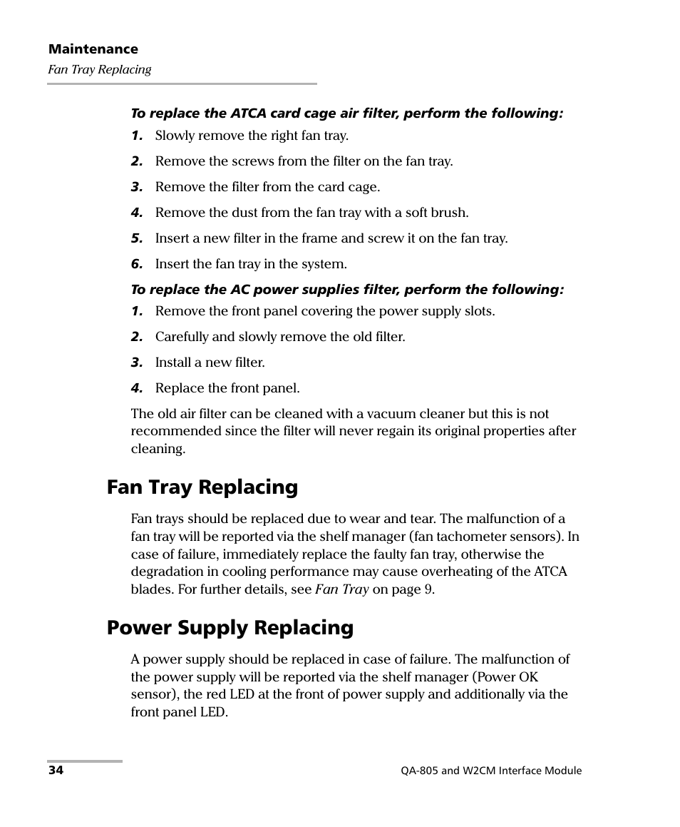 Fan tray replacing, Power supply replacing, Fan tray replacing power supply replacing | EXFO QA-805 User Manual | Page 42 / 59