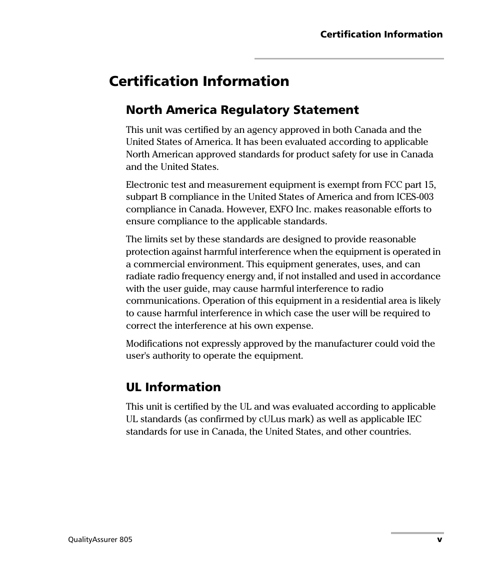 Certification information, North america regulatory statement, Ul information | EXFO QA-805 User Manual | Page 5 / 59