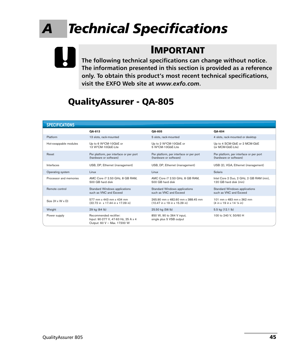 A technical specifications, Qualityassurer - qa-805, Mportant | Specifications, Qualityassurer 805 | EXFO QA-805 User Manual | Page 53 / 59