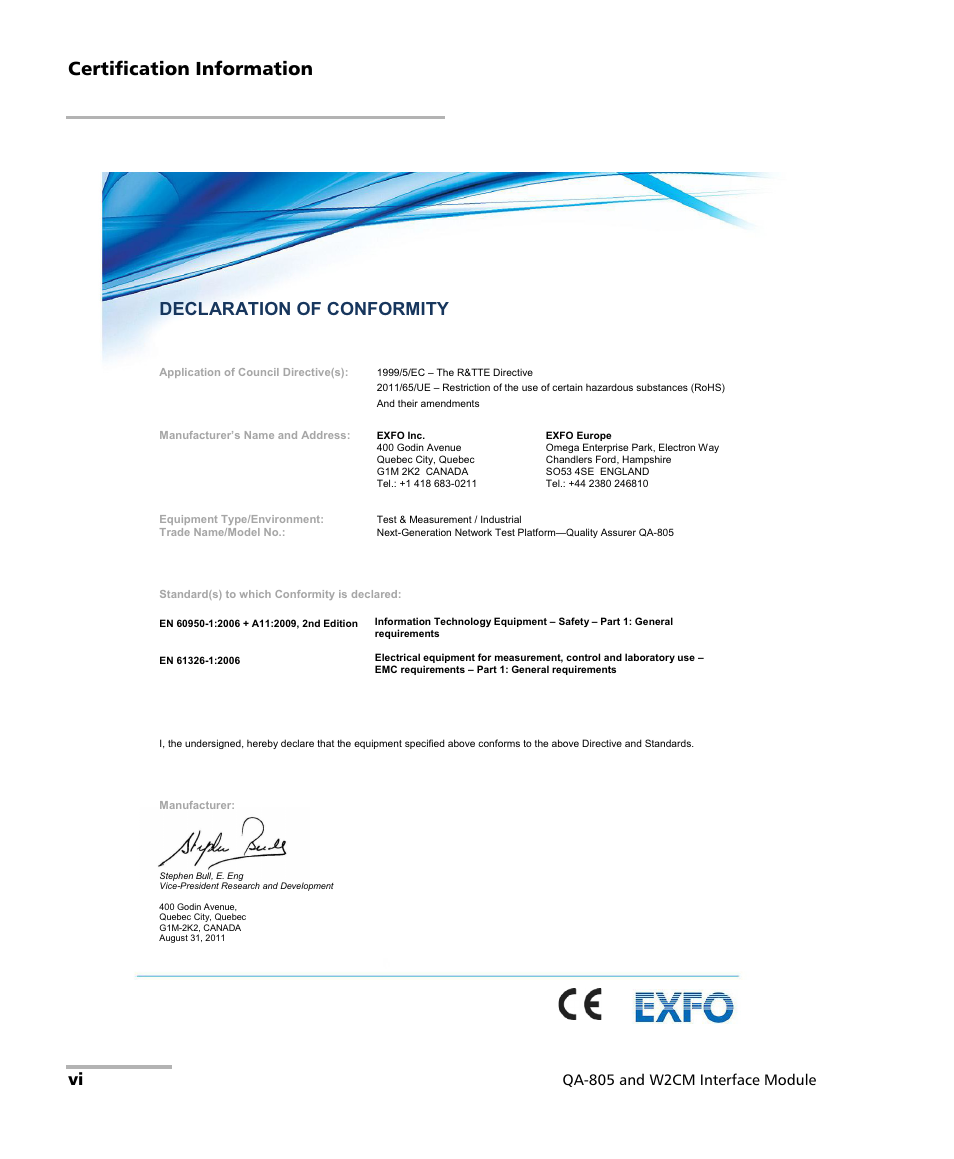 Certification information, Declaration of conformity, Qa-805 and w2cm interface module | EXFO QA-805 User Manual | Page 6 / 59