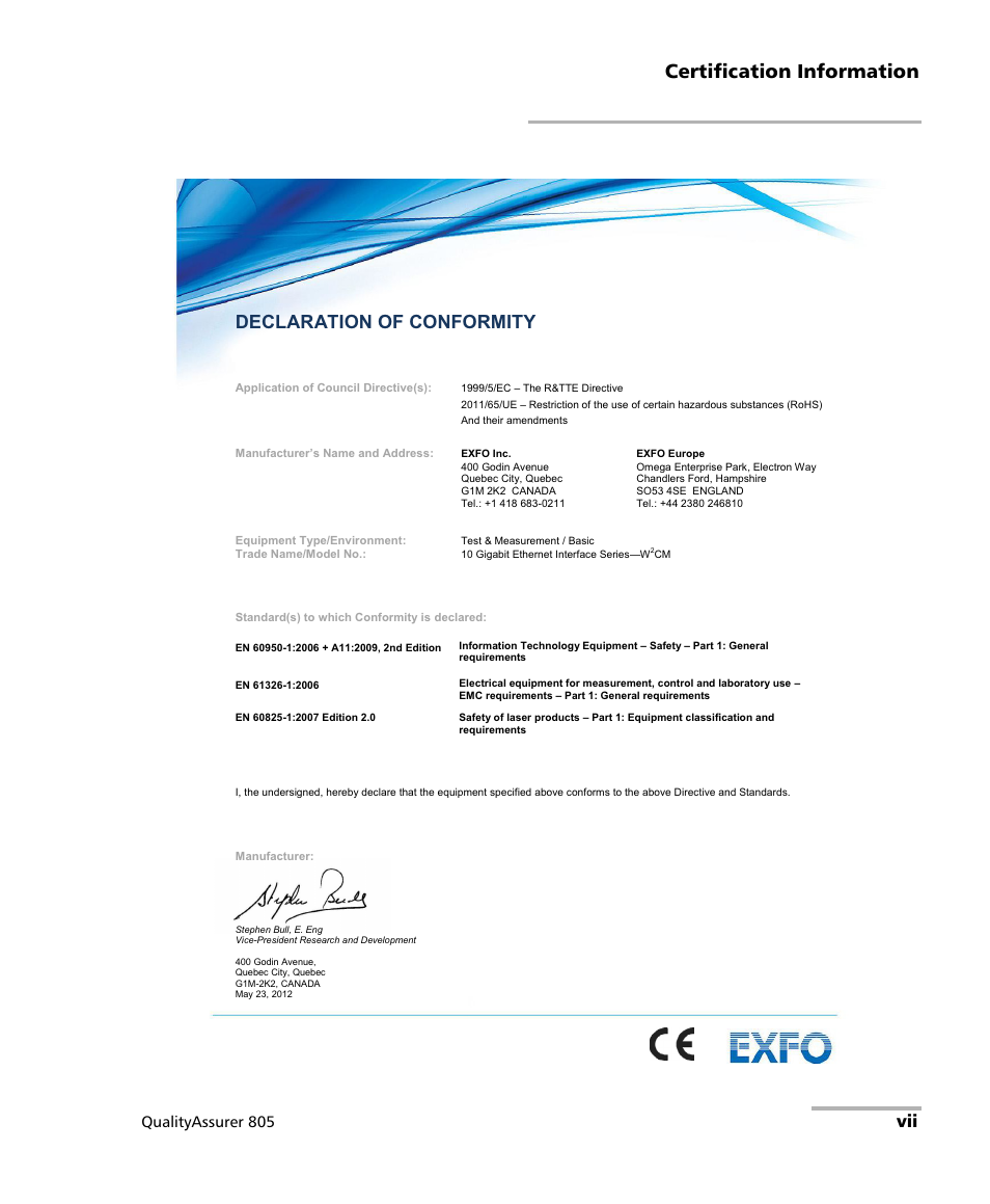Certification information, Declaration of conformity, Qualityassurer 805 | EXFO QA-805 User Manual | Page 7 / 59