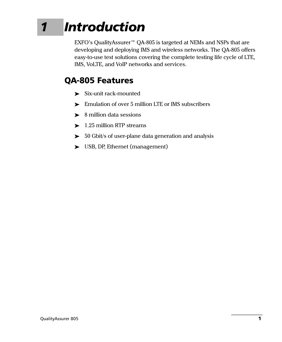 1 introduction, Qa-805 features, 1introduction | EXFO QA-805 User Manual | Page 9 / 59
