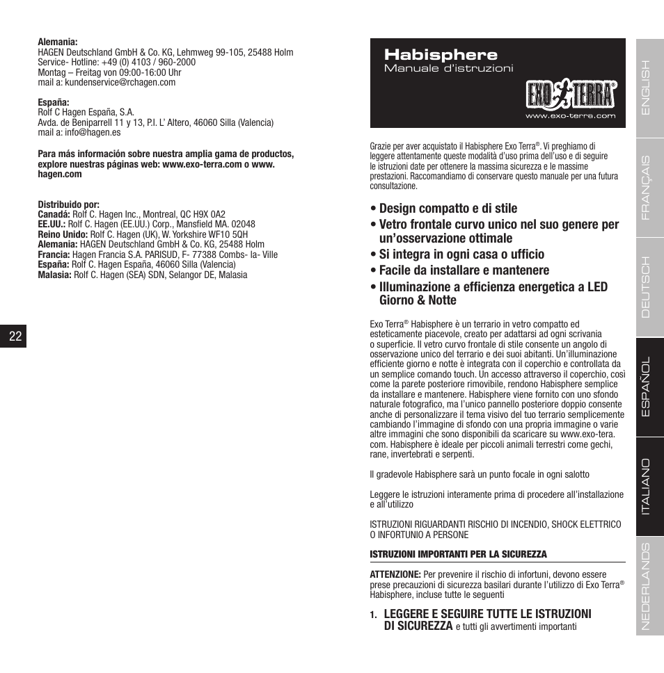 Habisphere, Leggere e seguire tutte le istruzioni di sicurezza | Exo Terra Habisphere User Manual | Page 12 / 19