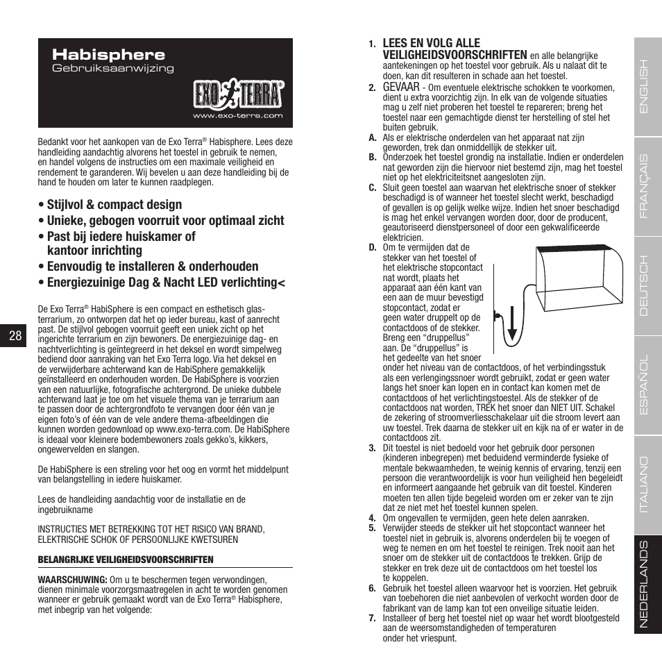 Habisphere, Lees en volg alle veiligheidsvoorschriften, Gevaar | Exo Terra Habisphere User Manual | Page 15 / 19