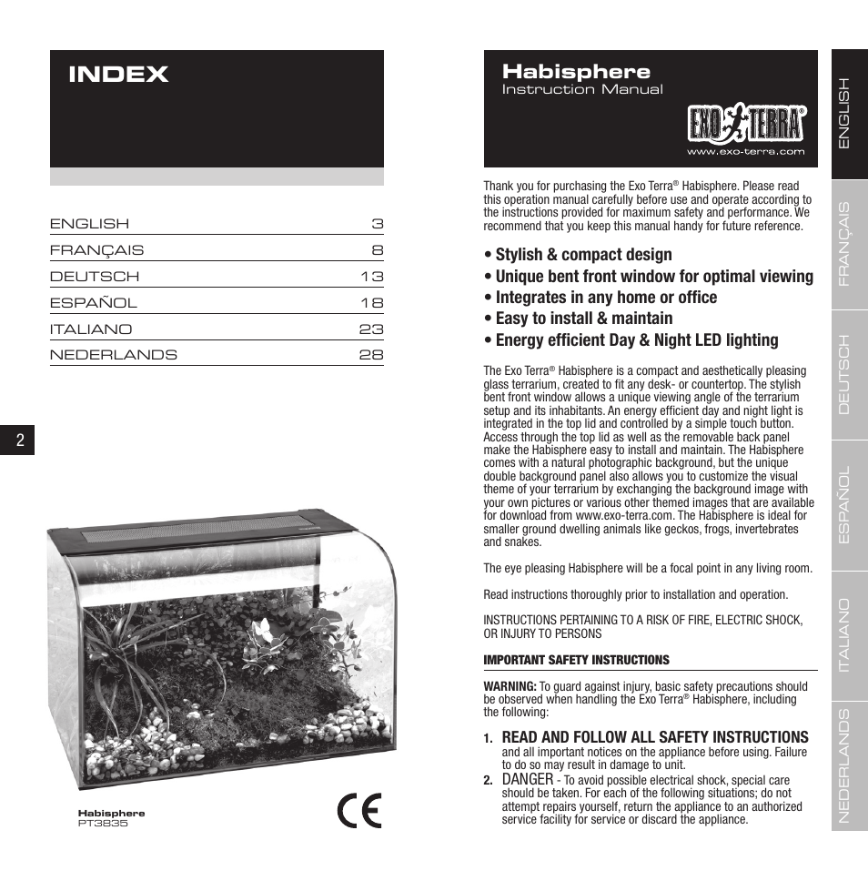 Index, Habisphere, Read and follow all safety instructions | Danger | Exo Terra Habisphere User Manual | Page 2 / 19