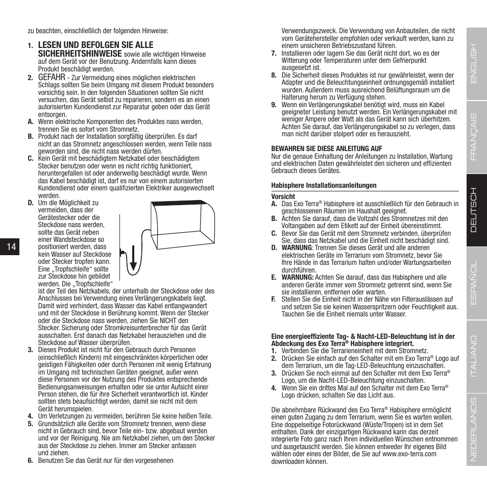 Lesen und befolgen sie alle sicherheitshinweise, Gefahr | Exo Terra Habisphere User Manual | Page 8 / 19