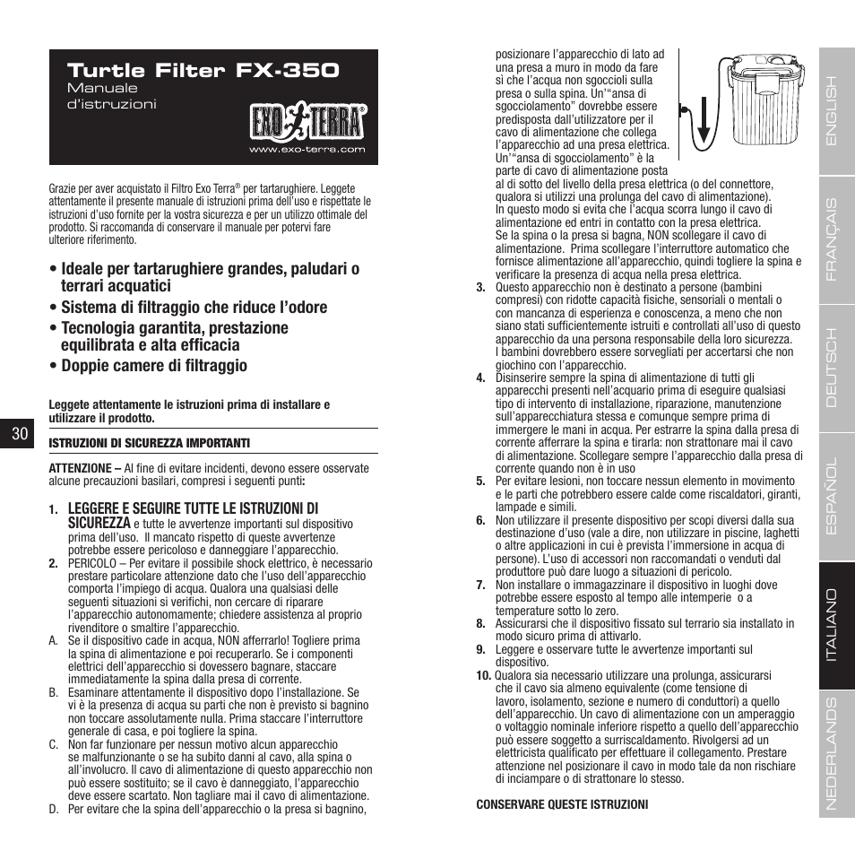 Turtle filter fx-350, Leggere e seguire tutte le istruzioni di sicurezza | Exo Terra Turtle Filter FX-350 User Manual | Page 16 / 25