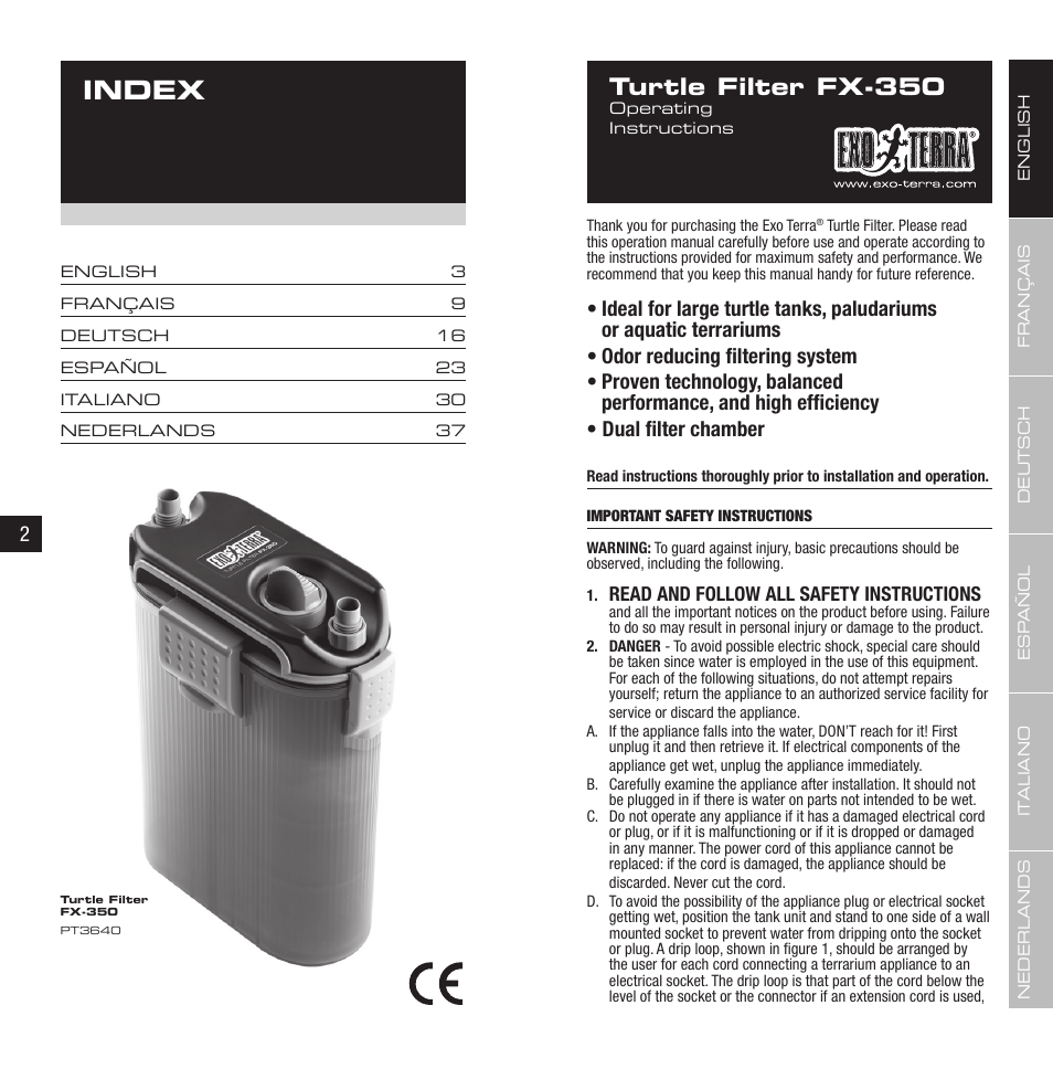 Index, Turtle filter fx-350 | Exo Terra Turtle Filter FX-350 User Manual | Page 2 / 25