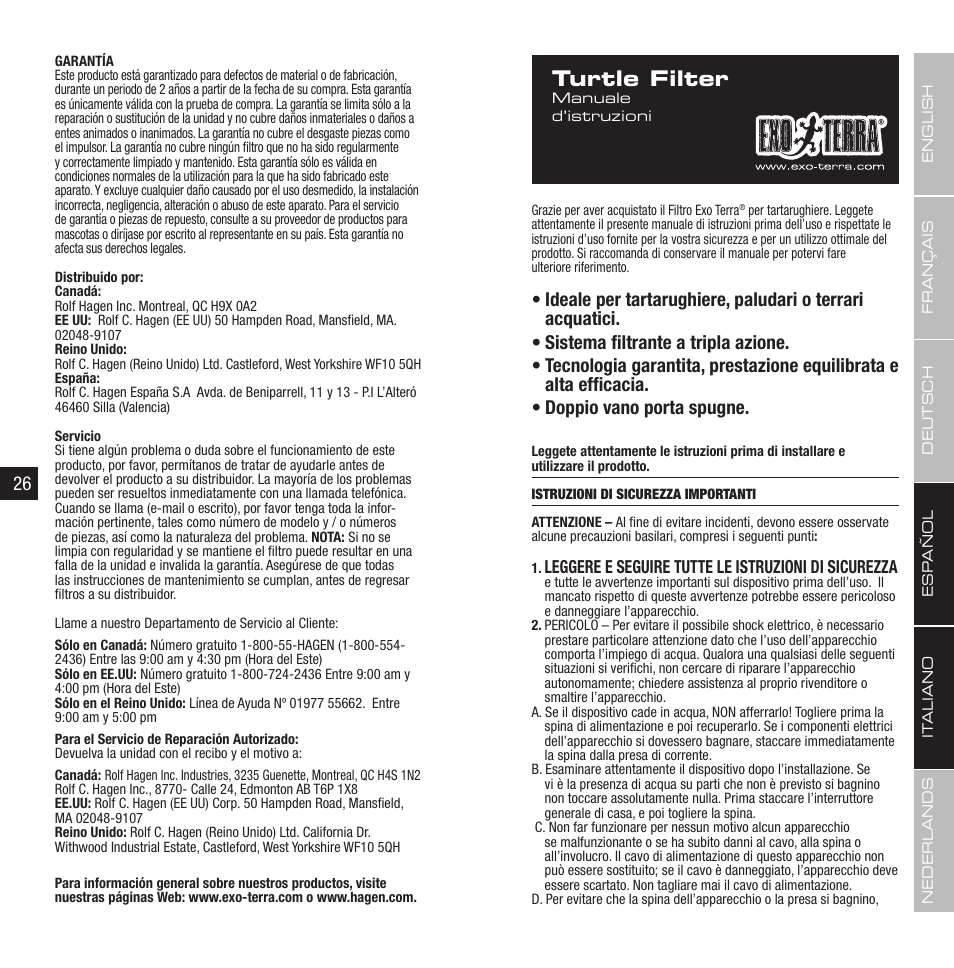 Turtle filter, Leggere e seguire tutte le istruzioni di sicurezza | Exo Terra Turtle Filter FX-200 / External Canister Filter User Manual | Page 14 / 23