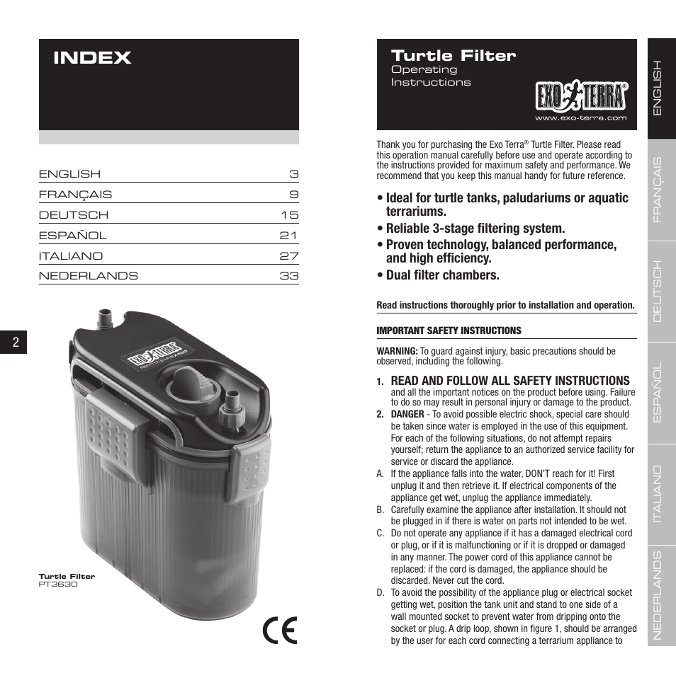 Index, Turtle filter | Exo Terra Turtle Filter FX-200 / External Canister Filter User Manual | Page 2 / 23