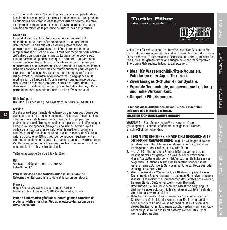 Turtle filter, Gefahr | Exo Terra Turtle Filter FX-200 / External Canister Filter User Manual | Page 8 / 23
