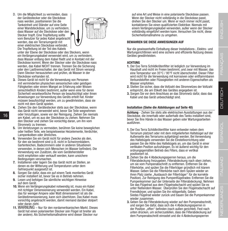 Warnung | Exo Terra Turtle Filter FX-200 / External Canister Filter User Manual | Page 9 / 23