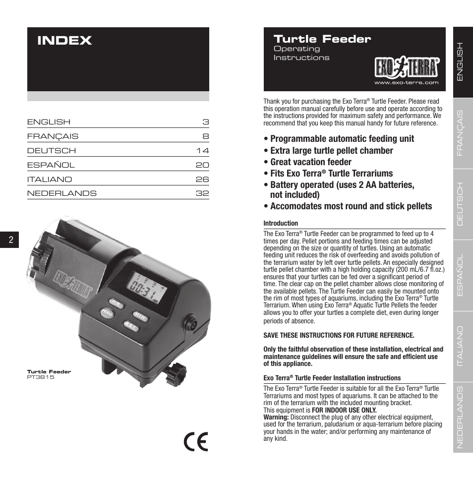 Index, Turtle feeder | Exo Terra Turtle Feeder User Manual | Page 2 / 21