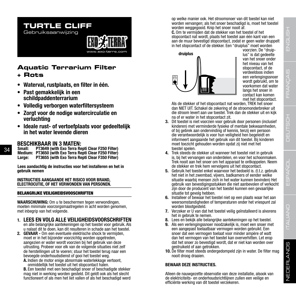 Turtle cliff, Lees en volg alle veiligheidsvoorschriften | Exo Terra Turtle Cliff User Manual | Page 18 / 21