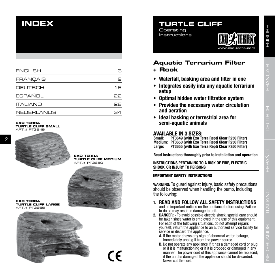 Index, Turtle cliff, Read and follow all safety instructions | Exo Terra Turtle Cliff User Manual | Page 2 / 21