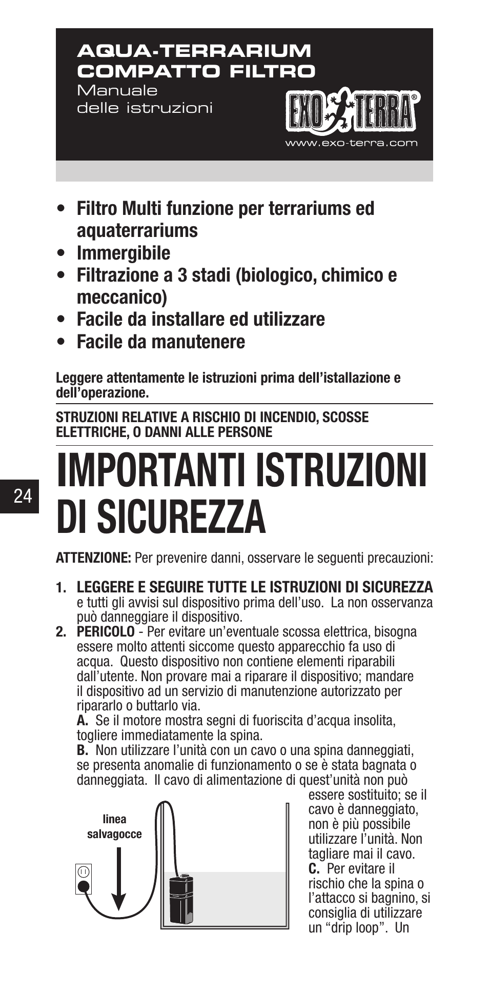 Importanti istruzioni di sicurezza | Exo Terra Repti Clear F250 User Manual | Page 24 / 36