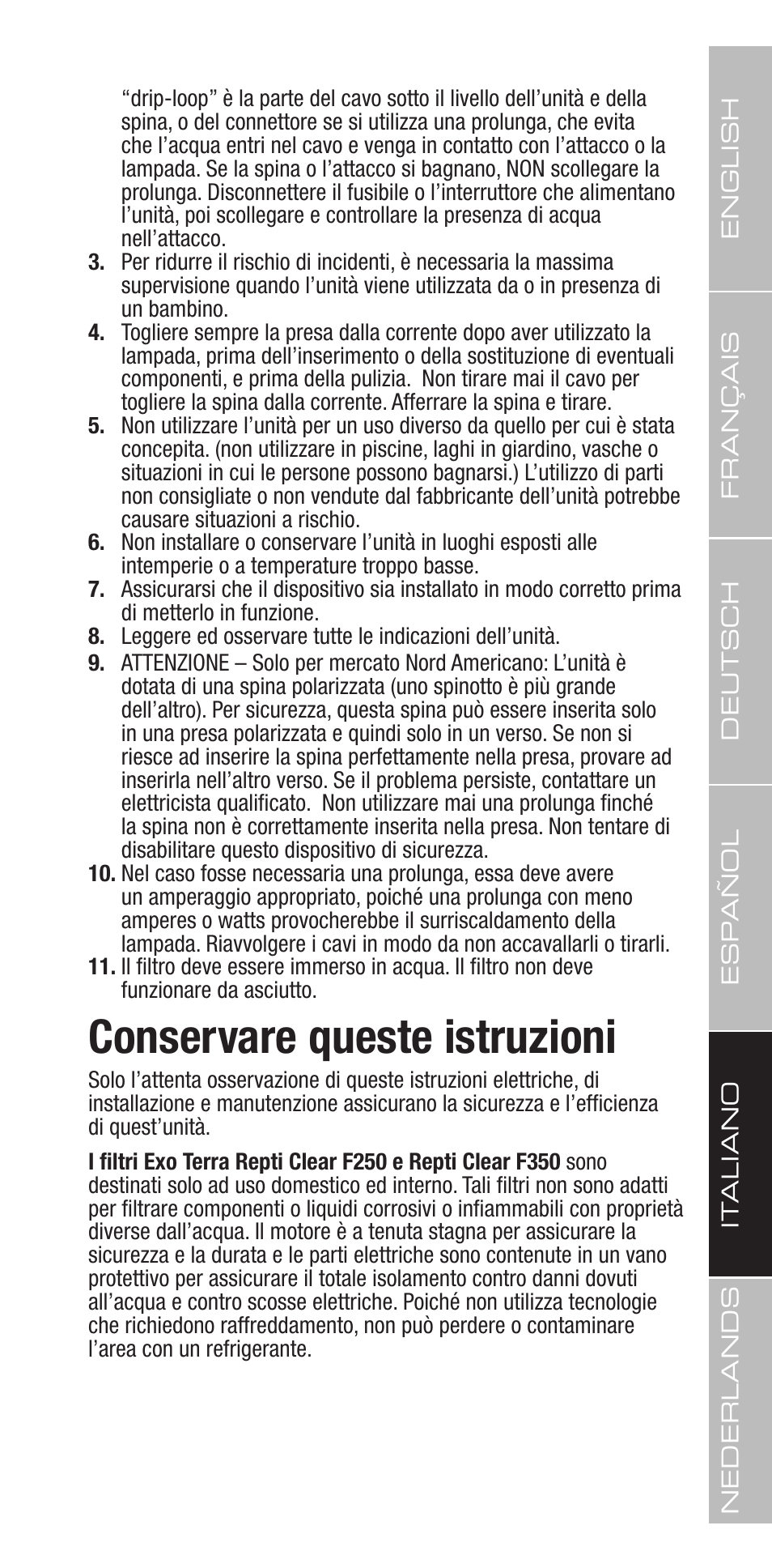 Conservare queste istruzioni | Exo Terra Repti Clear F250 User Manual | Page 25 / 36