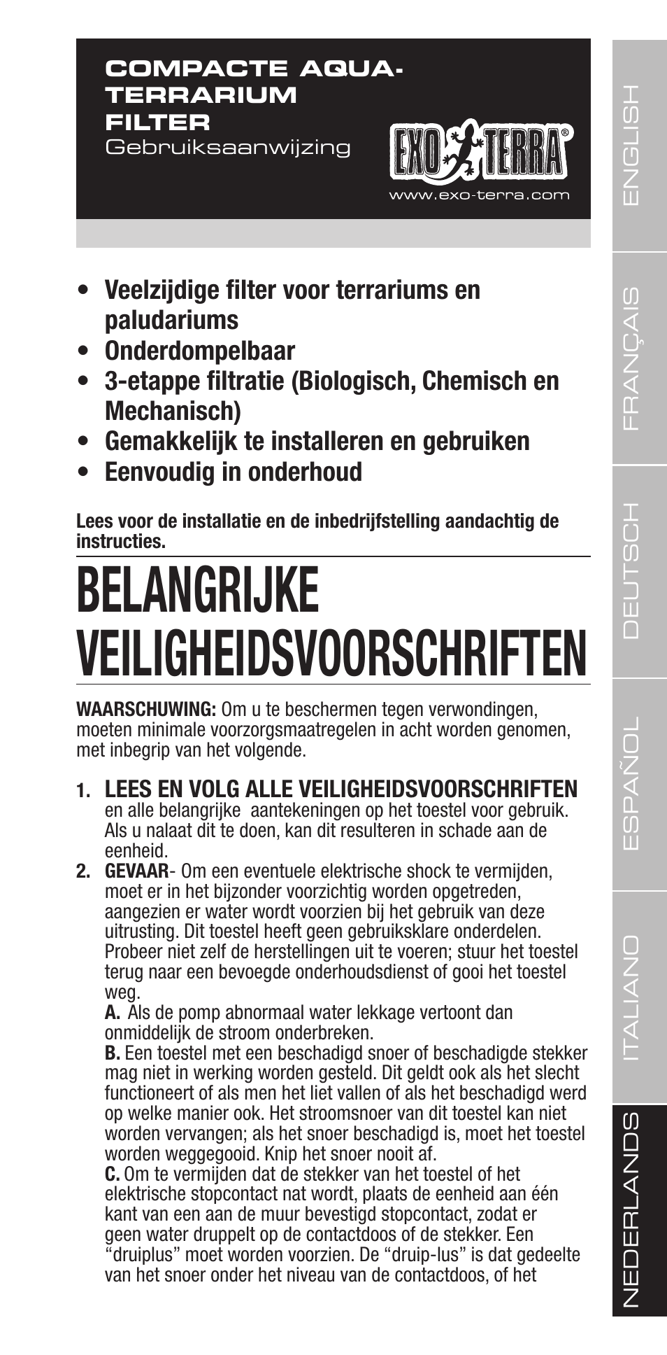 Belangrijke veiligheidsvoorschriften | Exo Terra Repti Clear F250 User Manual | Page 29 / 36