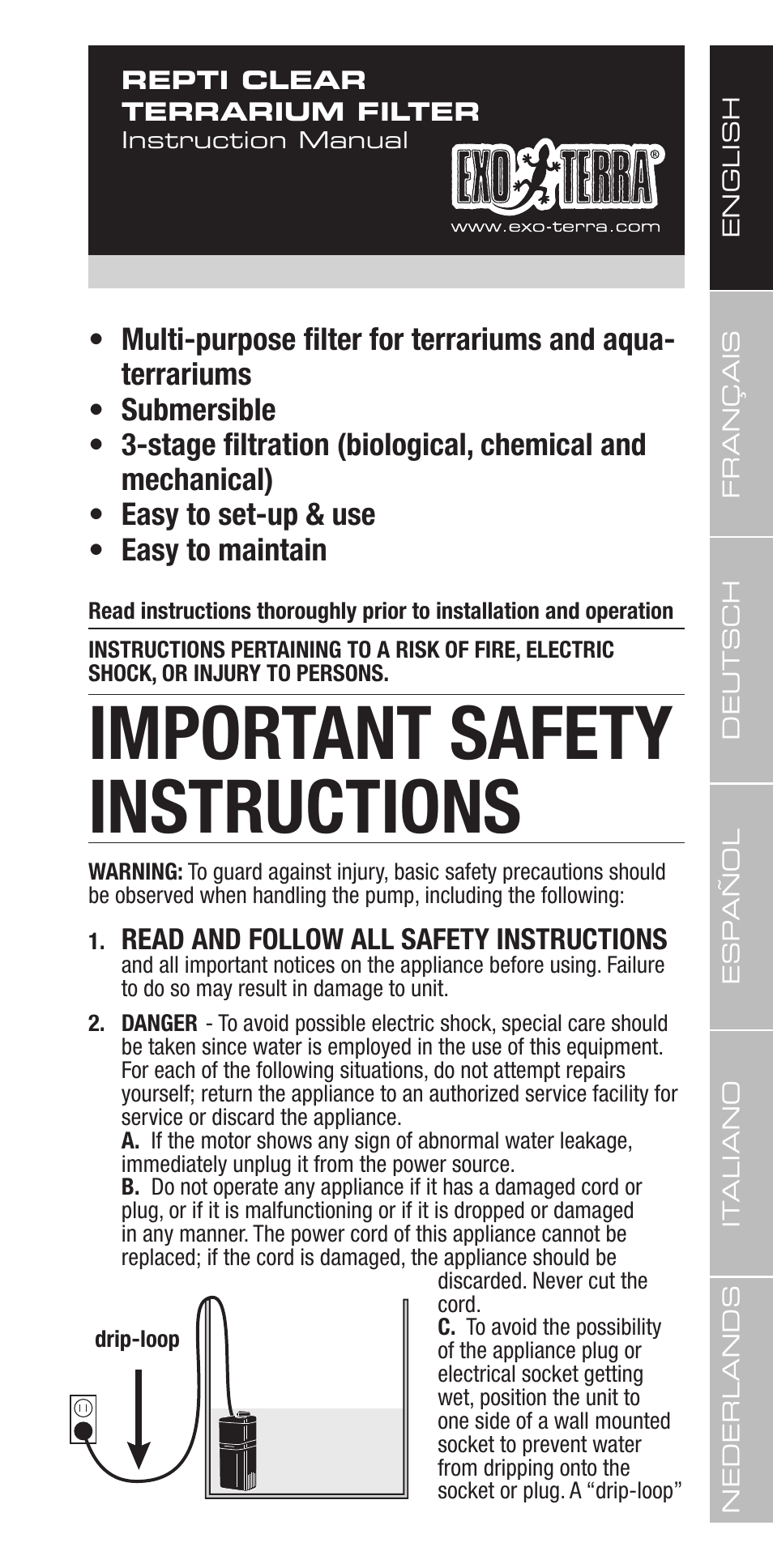 Important safety instructions | Exo Terra Repti Clear F250 User Manual | Page 3 / 36