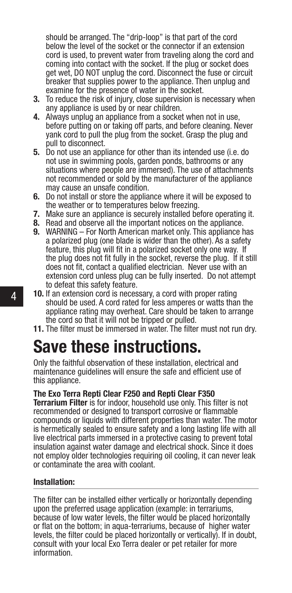 Save these instructions | Exo Terra Repti Clear F250 User Manual | Page 4 / 36