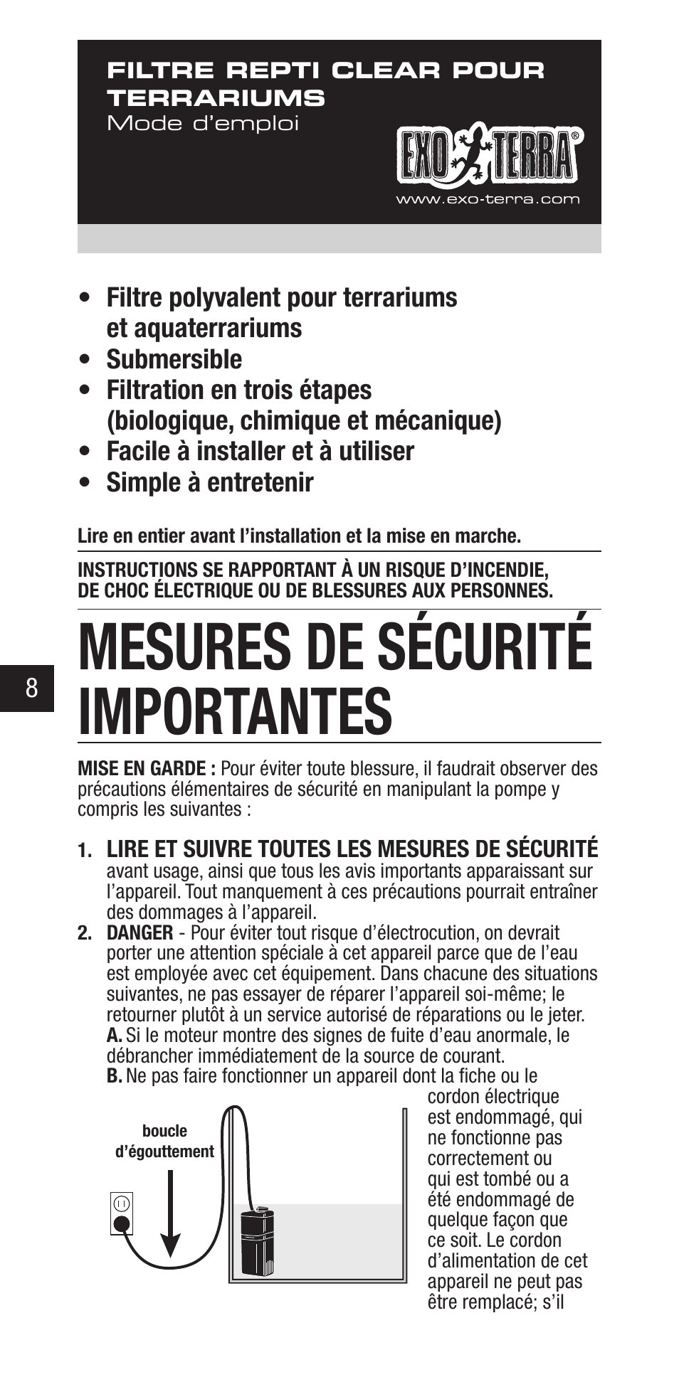 Mesures de sécurité importantes | Exo Terra Repti Clear F250 User Manual | Page 8 / 36