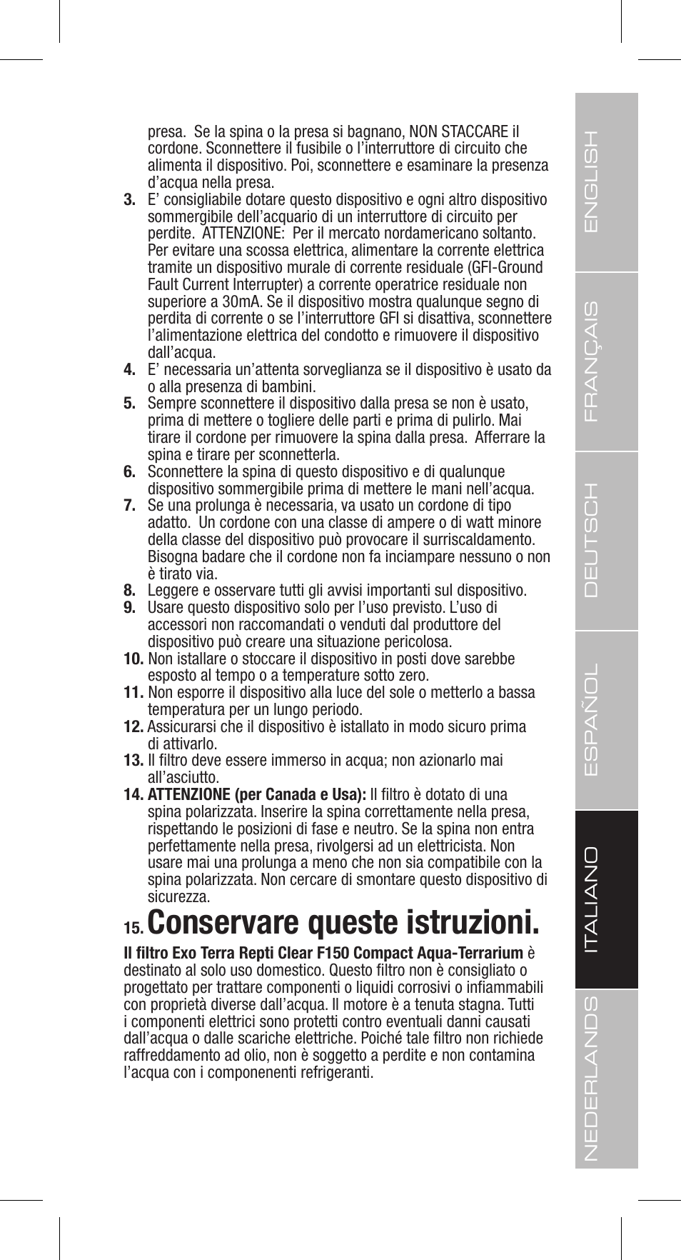 Conservare queste istruzioni | Exo Terra Repti Clear F150 User Manual | Page 25 / 36