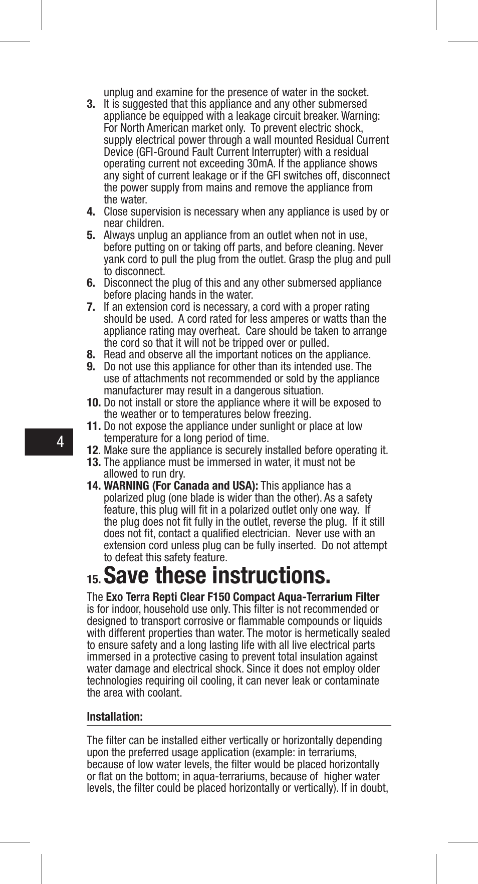 Save these instructions | Exo Terra Repti Clear F150 User Manual | Page 4 / 36