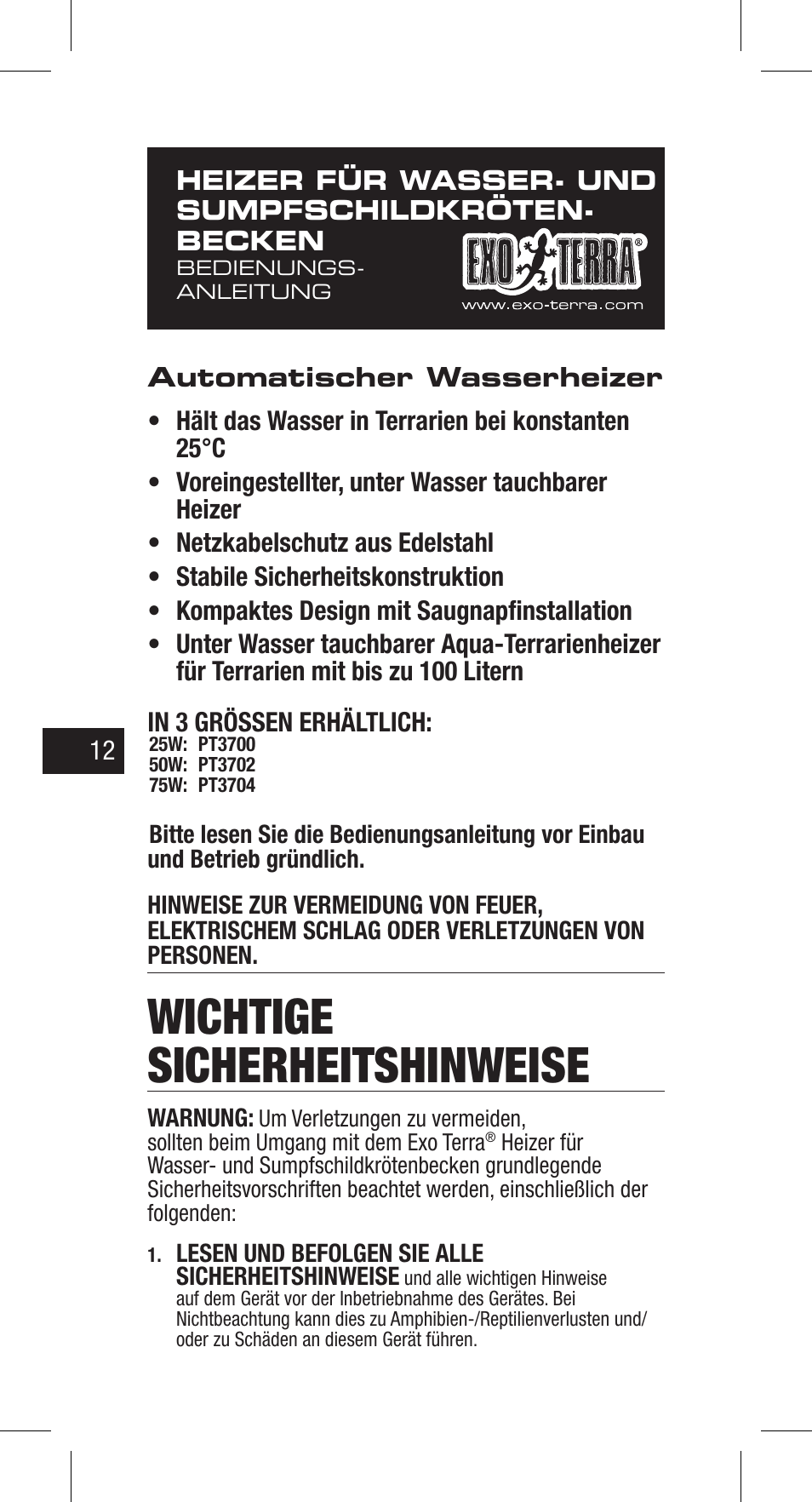 Wichtige sicherheitshinweise | Exo Terra Turtle Heater User Manual | Page 12 / 30