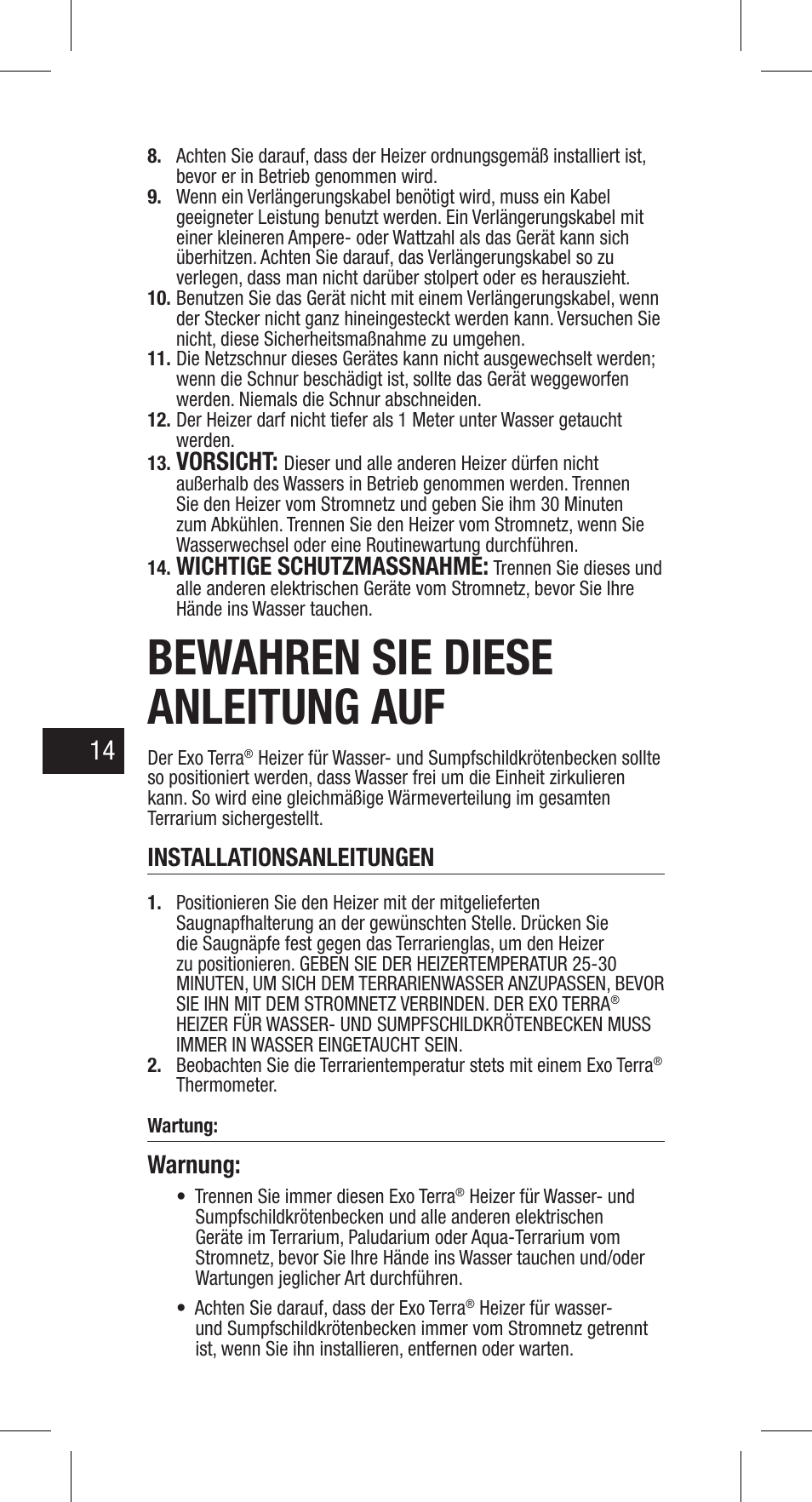 Bewahren sie diese anleitung auf, Vorsicht, Wichtige schutzmassnahme | Installationsanleitungen, Warnung | Exo Terra Turtle Heater User Manual | Page 14 / 30